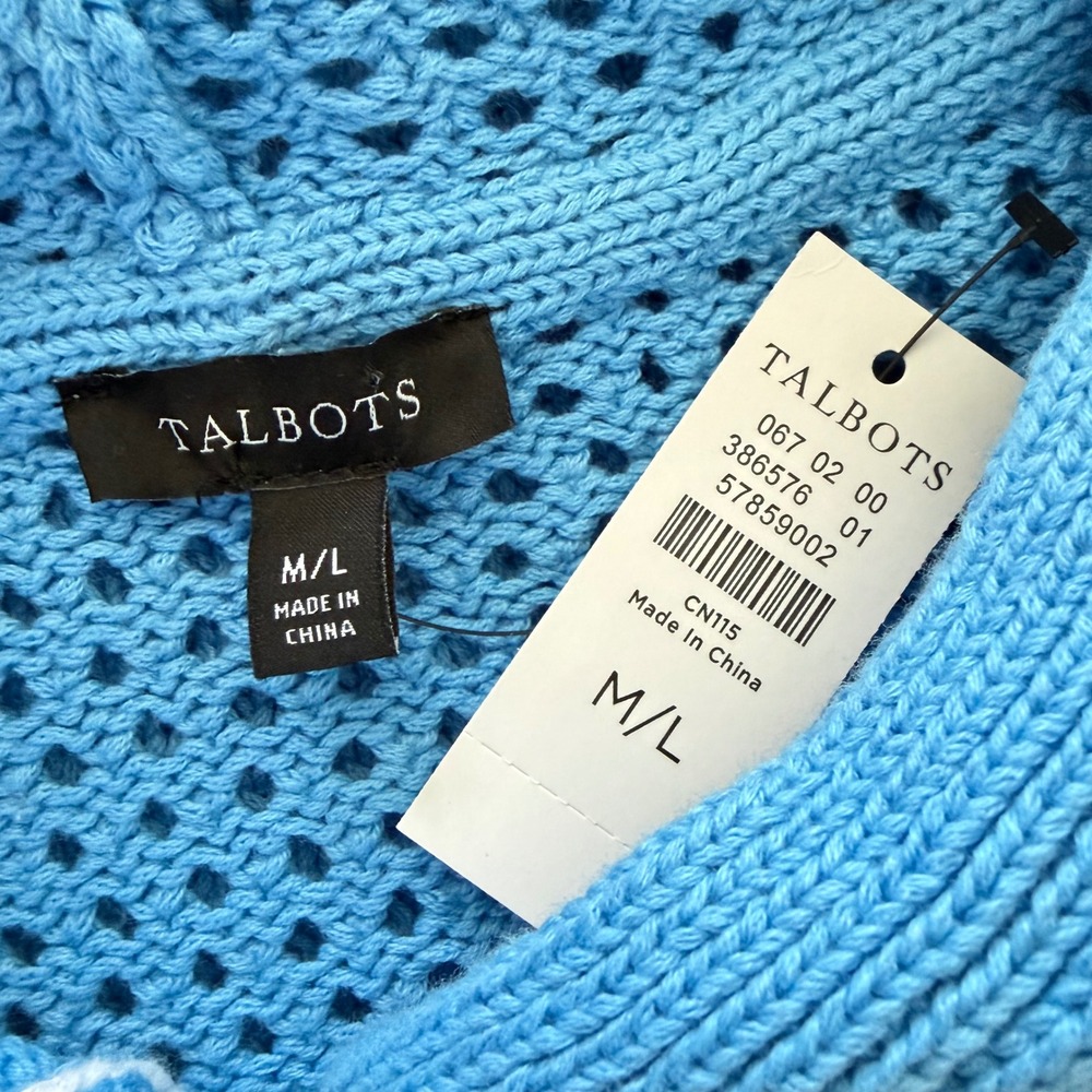NEW Talbots Womens Blue White Striped Open Knit Hooded Poncho Sweater ML - Picture 7 of 7
